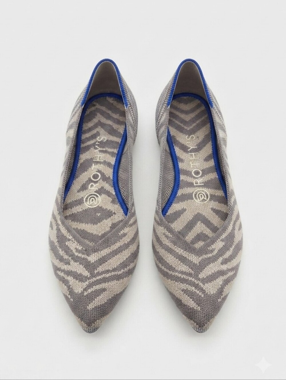 Rothyโs The Point Grey Zebra Print Knit Pointed Toe Flats Womenโs Size 6.5